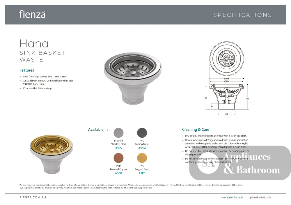 Fienza A3SS Hana Round Basket Waste - Kitchen Tapware