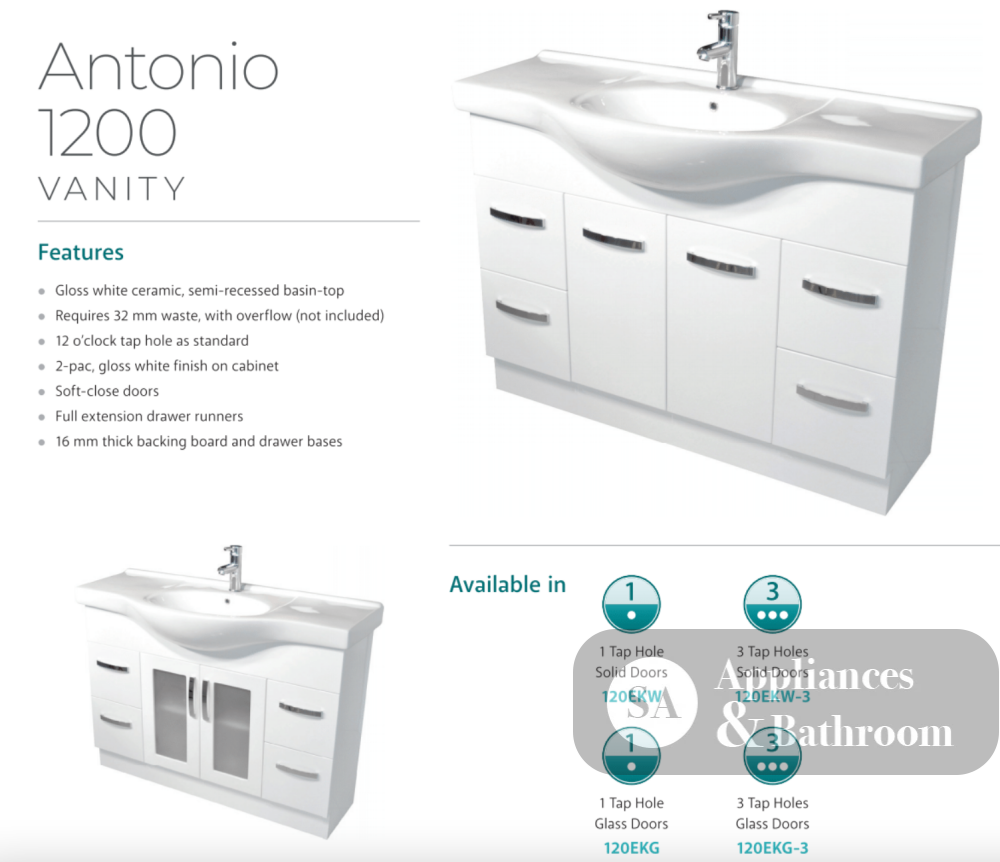 Fienza Antonio 120Ekw 1200Mm White Vanity Unit With Solid Doors - Special Order Units