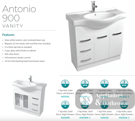Fienza Antonio 90Ekwr 900Mm White Vanity Unit Solid Doors Right Draws - Special Order Units