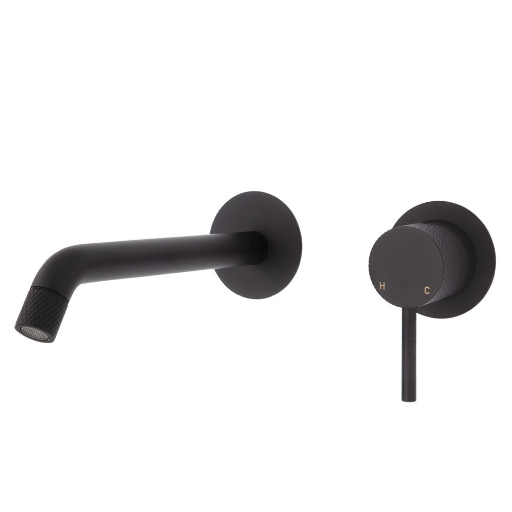 Fienza Axle Wall Basin/Bath Mixer Set Matte Black Small Round Plates 200Mm Outlet 231104B-200