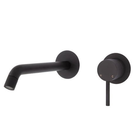 Fienza Axle Wall Basin/Bath Mixer Set Matte Black Small Round Plates 200Mm Outlet 231104B-200