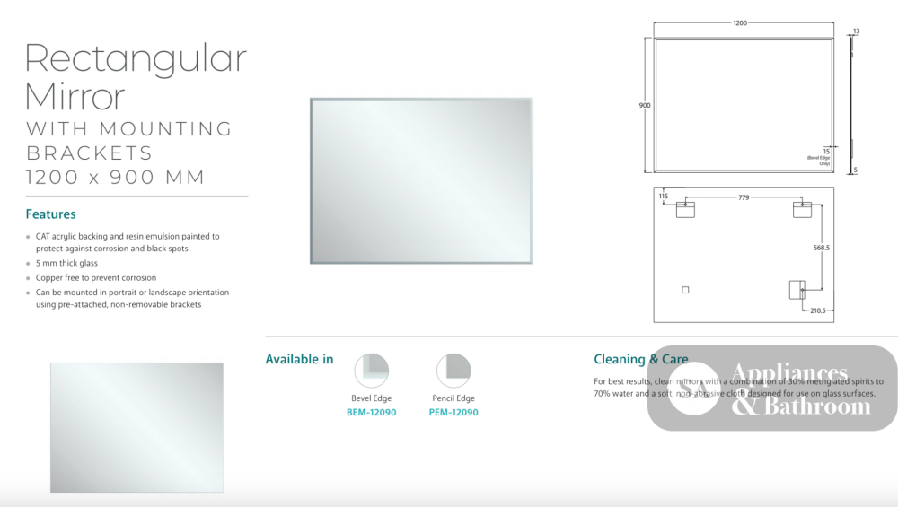 Fienza BEM-12090 Bevel Edge Rectangular Mirror 1200 x 900mm - Mirrors