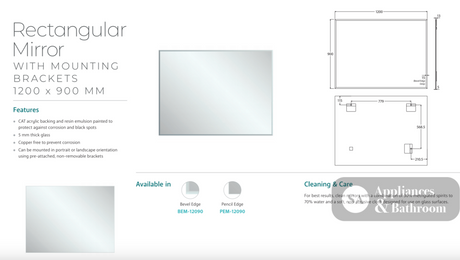 Fienza BEM-12090 Bevel Edge Rectangular Mirror 1200 x 900mm - Mirrors