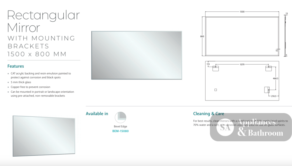 Fienza BEM-15080 Bevel Edge Rectangular Mirror 1500 x 800mm - Mirrors