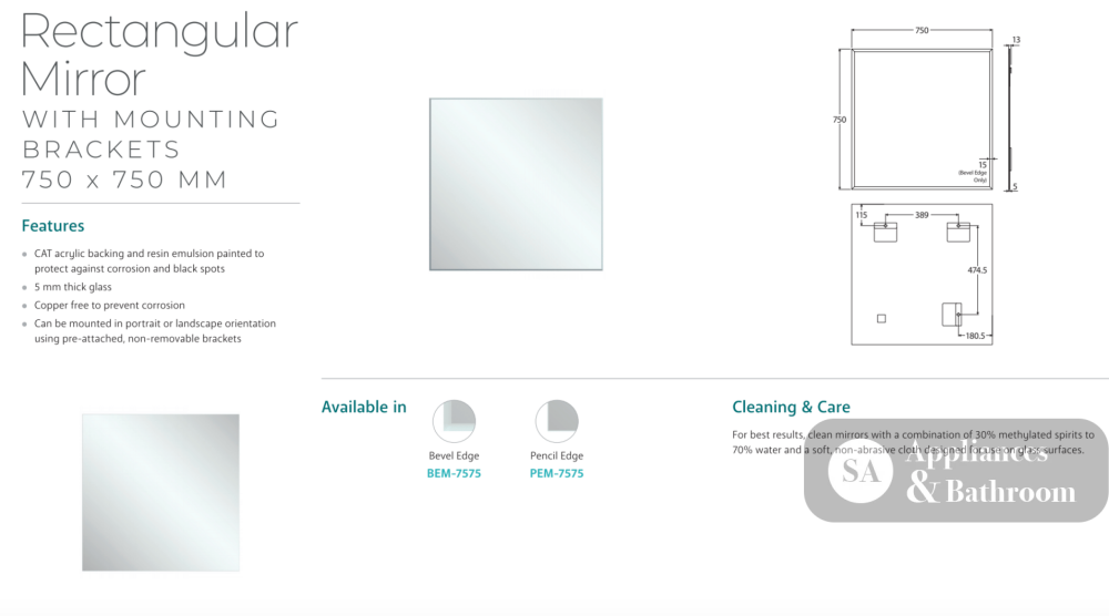 Fienza BEM-7575 Bevel Edge Rectangular Mirror 750 x 750mm - Mirrors