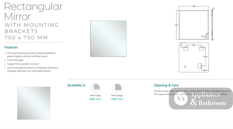 Fienza BEM-7575 Bevel Edge Rectangular Mirror 750 x 750mm - Mirrors