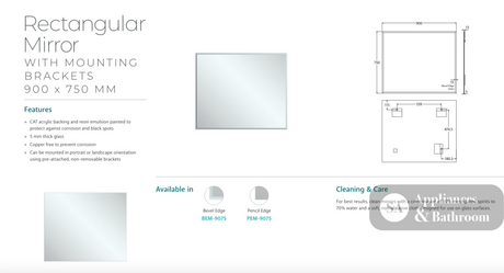 Fienza BEM-9075 Bevel Edge Rectangular Mirror 900 x 750mm - Mirrors