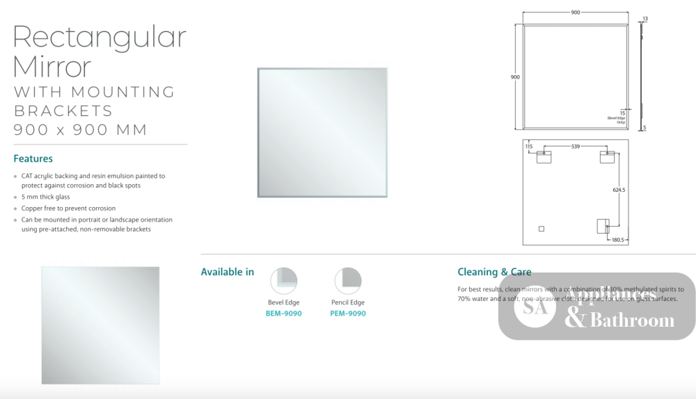 Fienza BEM-9090 Bevel Edge Rectangular Mirror 900 x 900mm - Mirrors
