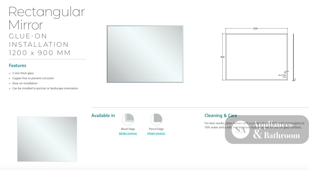 Fienza BEM12090G Bevel Edge Rectangular Glue-On Mirror 1200 x 900mm - Mirrors