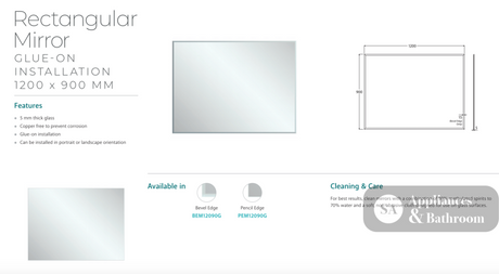 Fienza BEM12090G Bevel Edge Rectangular Glue-On Mirror 1200 x 900mm - Mirrors