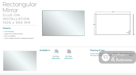 Fienza BEM15090G Bevel Edge Rectangular Glue-On Mirror 1500 x 900mm - Mirrors