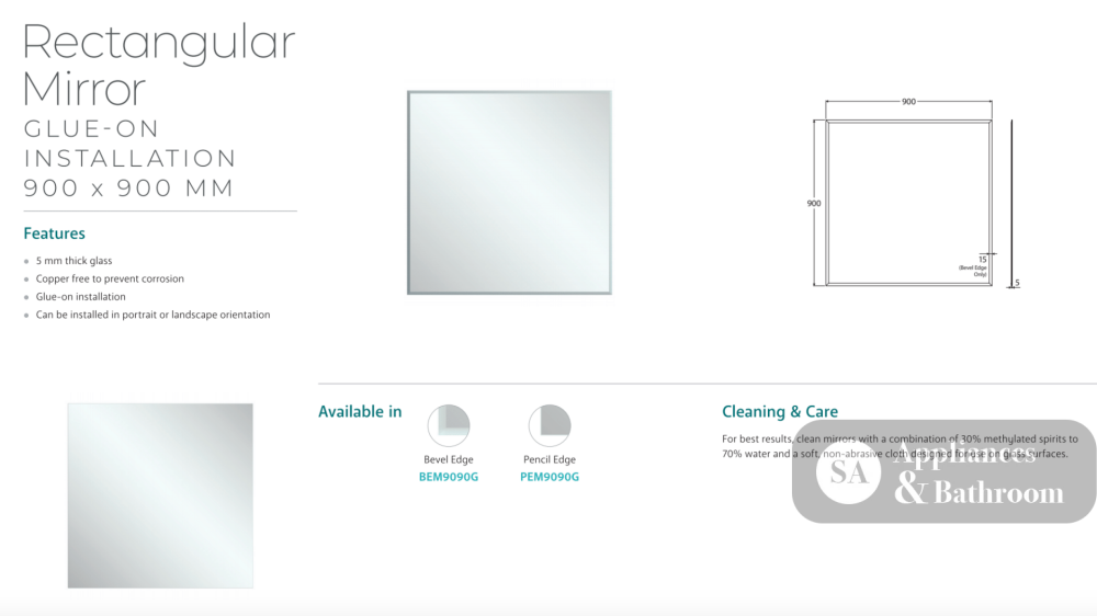 Fienza BEM9090G Bevel Edge Rectangular Glue-On Mirror 900 x 900mm - Mirrors