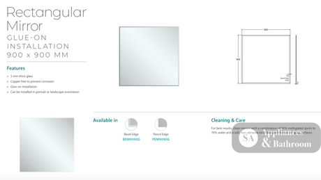 Fienza BEM9090G Bevel Edge Rectangular Glue-On Mirror 900 x 900mm - Mirrors