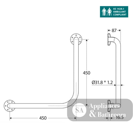 Fienza Care GRAB4545 Ambulant 90° Degrees 450x450mm Stainless Steel Grab Rail - Grab Rail