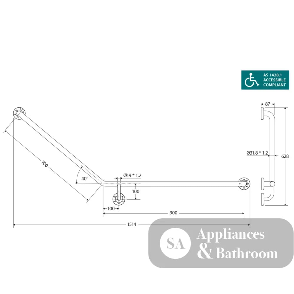 Fienza Care GRAB9070R Ambulant 40° 900x700mm Stainless Steel Right Hand Grab Rail - Grab Rail