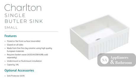 Fienza Winston 68700 Single Butler Sink Small White 675X475X250Mm - Special Order Kitchen Sinks