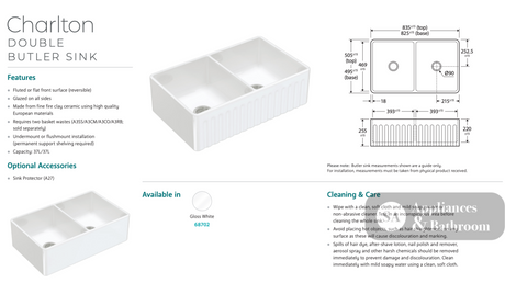 Fienza Charlton 68702 Double Butler Sink 838x483x254mm White - Butler Kitchen Sinks