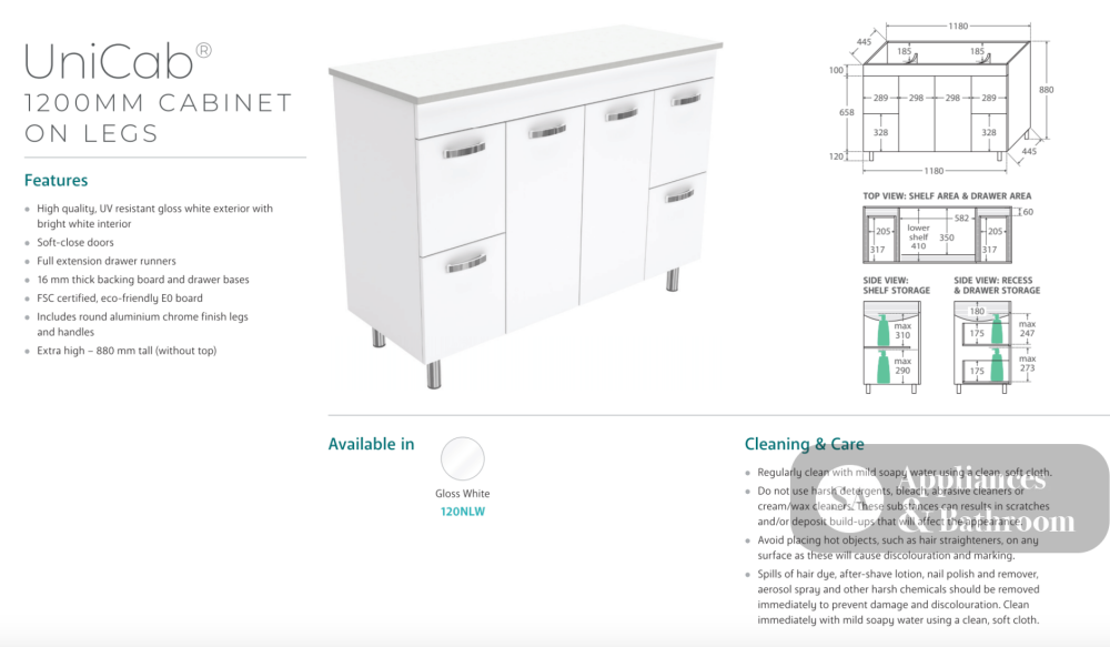 Fienza CIT120NLW Citi 1200mm Sink & Vanity on Legs - Laundry Cabinets