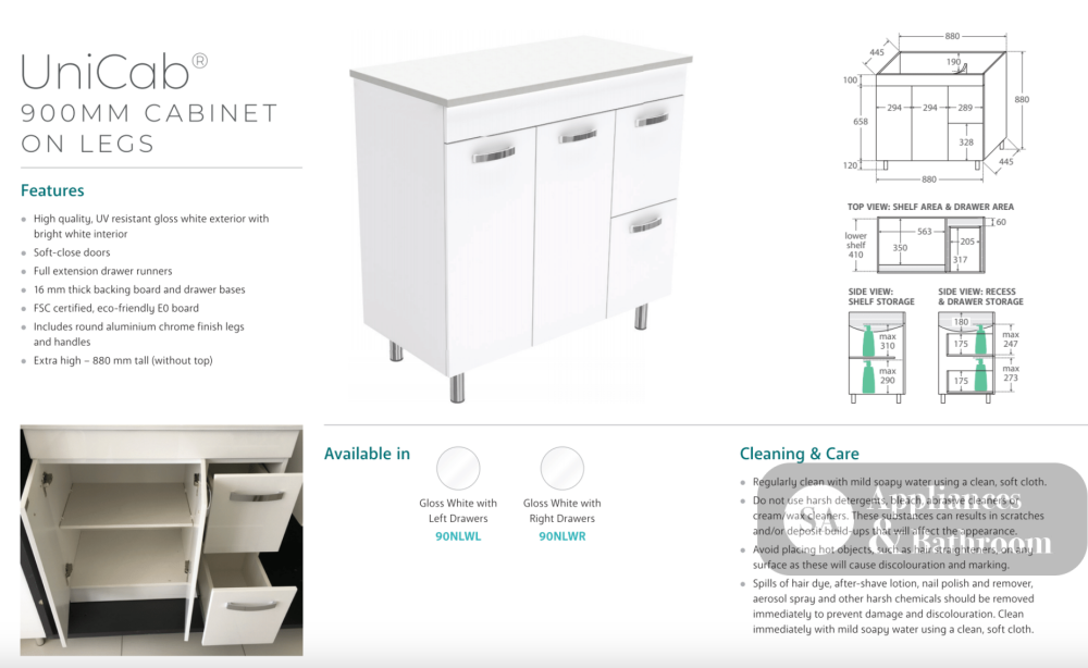Fienza CIT90NLW Citi 900mm Sink & Vanity on Legs - Laundry Cabinets