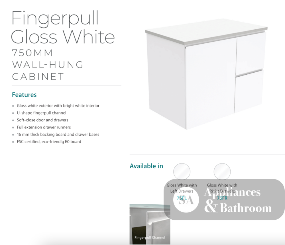 Fienza Crystal Pure 750Mm Sc75Zl Undermount Stone Top Wall Hung Vanity Unit Fingerpull Left Drawers