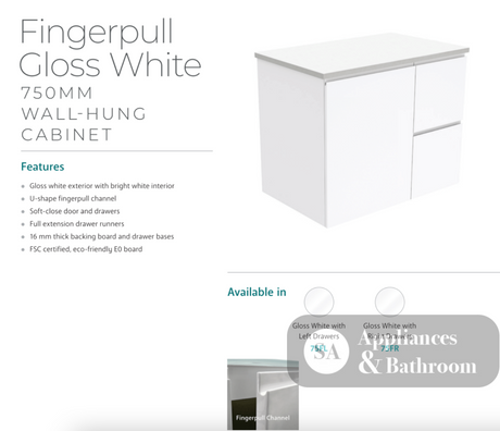 Fienza Crystal Pure 750Mm Sc75Zl Undermount Stone Top Wall Hung Vanity Unit Fingerpull Left Drawers