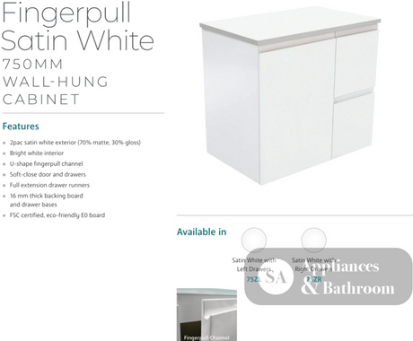 Fienza Crystal Pure 750Mm Sc75Zl Undermount Stone Top Wall Hung Vanity Unit Fingerpull Left Drawers