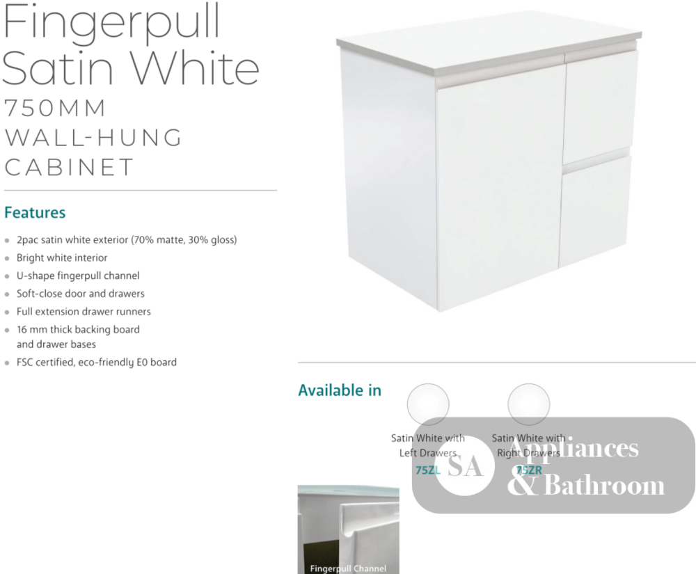 Fienza Crystal Pure 750Mm Sc75Zr Undermount Stone Top Wall Hung Vanity Unit Fingerpull Right Drawers