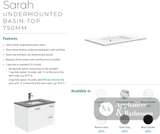 Fienza Crystal Pure 750Mm Sc75Zr Undermount Stone Top Wall Hung Vanity Unit Fingerpull Right Drawers
