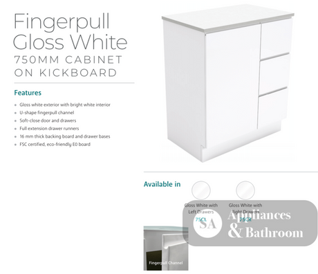 Fienza Crystal Pure Sc75Cr 750Mm Undermount Stone Top Fingerpull Vanity Unit With Kickboard Left