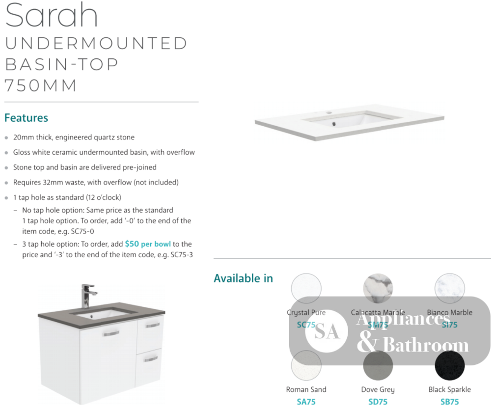 Fienza Crystal Pure Sc75Cr 750Mm Undermount Stone Top Fingerpull Vanity Unit With Kickboard Left