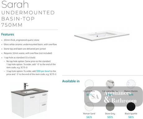 Fienza Crystal Pure Sc75Cr 750Mm Undermount Stone Top Fingerpull Vanity Unit With Kickboard Left