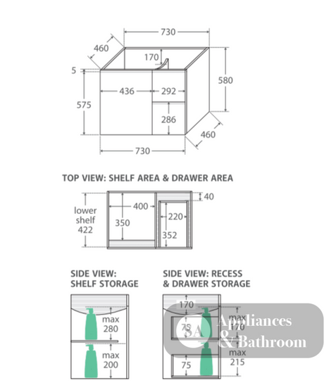 Fienza Crystal Pure Sc75Fl 750Mm Undermount Stone Top Fingerpull Wall Hung Vanity Unit Left Drawers
