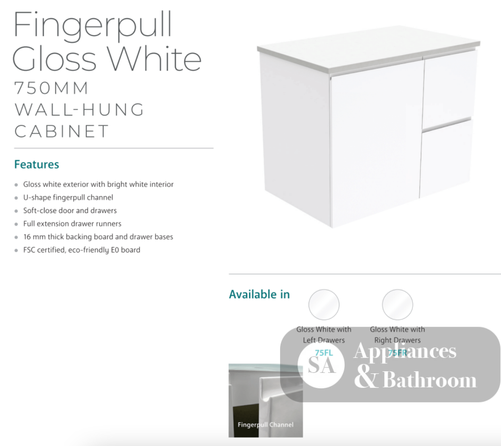 Fienza Crystal Pure Sc75Fl 750Mm Undermount Stone Top Fingerpull Wall Hung Vanity Unit Left Drawers