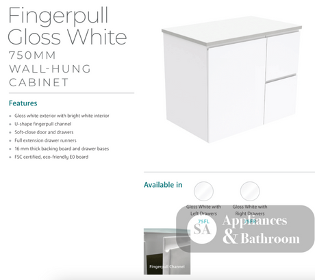 Fienza Crystal Pure Sc75Fl 750Mm Undermount Stone Top Fingerpull Wall Hung Vanity Unit Left Drawers