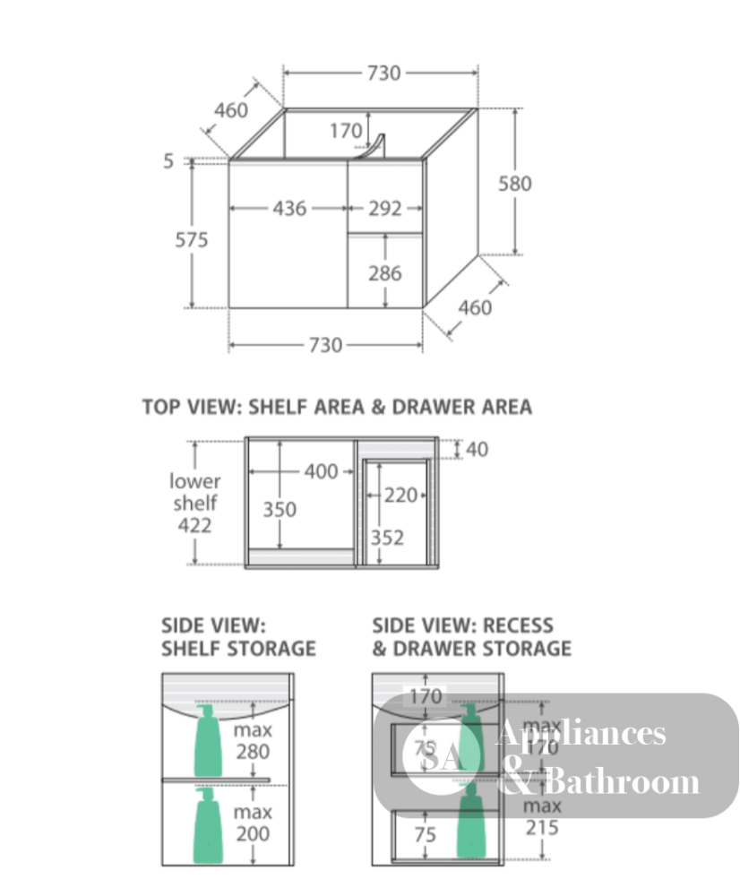 Fienza Crystal Pure Sc75Fr 750Mm Undermount Stone Top Fingerpull Wall Hung Vanity Unit Right Drawers