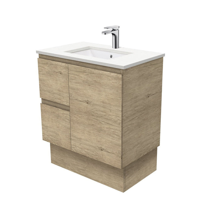 Fienza Crystal Pure Sc75Skl 750Mm Undermount Stone Top Vanity Unit Edge Scandi Oak Left Drawers With