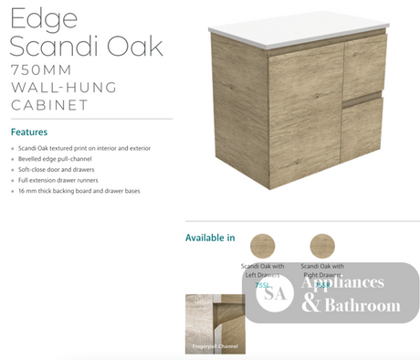 Fienza Crystal Pure Sc75Sr 750Mm Undermount Stone Top Edge Scandi Oak Wall Hung Vanity Unit Right