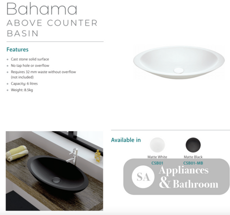 Fienza CSB01-MB Bahama Above Counter Solid Surface Basin Matte Black - Basins