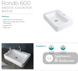 Fienza CSB010-3 Rondo 600mm 3 Tap Hole Cast Stone Above Counter Basin Matte White - Basins