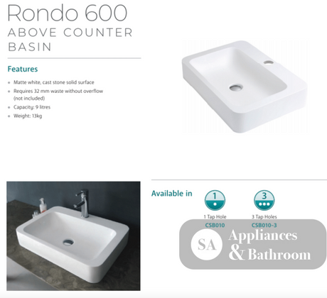 Fienza CSB010-3 Rondo 600mm 3 Tap Hole Cast Stone Above Counter Basin Matte White - Basins