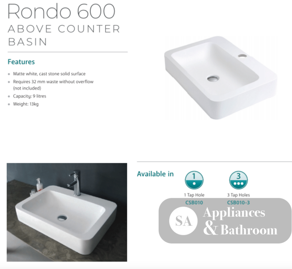 Fienza CSB010 Rondo 600mm 1 Tap Hole Cast Stone Above Counter Basin Matte White - Basins