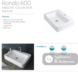 Fienza CSB010 Rondo 600mm 1 Tap Hole Cast Stone Above Counter Basin Matte White - Basins