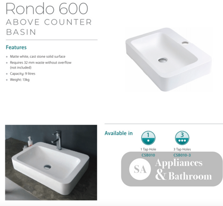 Fienza CSB010 Rondo 600mm 1 Tap Hole Cast Stone Above Counter Basin Matte White - Basins