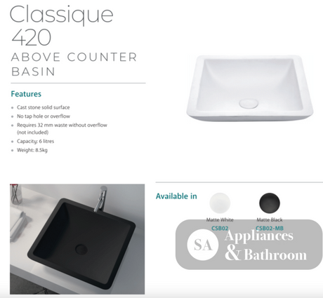 Fienza CSB02-MB Classique Above Counter Solid Surface Basin Matte Black - Basins