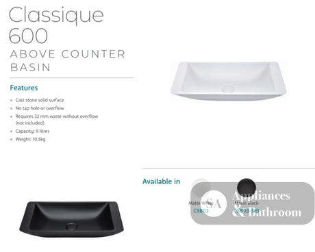 Fienza CSB03 Classique 600mm Above Counter Solid Surface Basin Matte White - Basins