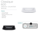Fienza CSB03-MB Classique 600mm Above Counter Solid Surface Basin Matte Black - Basins