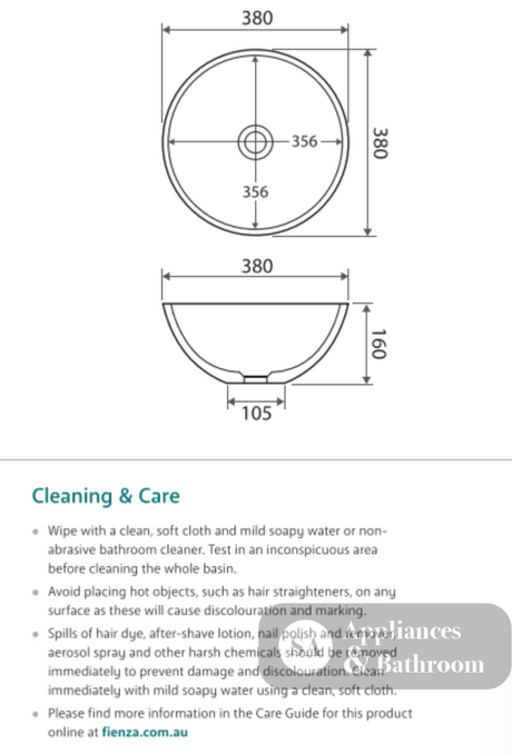Fienza CSB038 Lexy Above 380mm Counter Solid Surface Basin Matte White - Basins