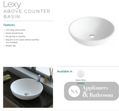 Fienza CSB038 Lexy Above 380mm Counter Solid Surface Basin Matte White - Basins