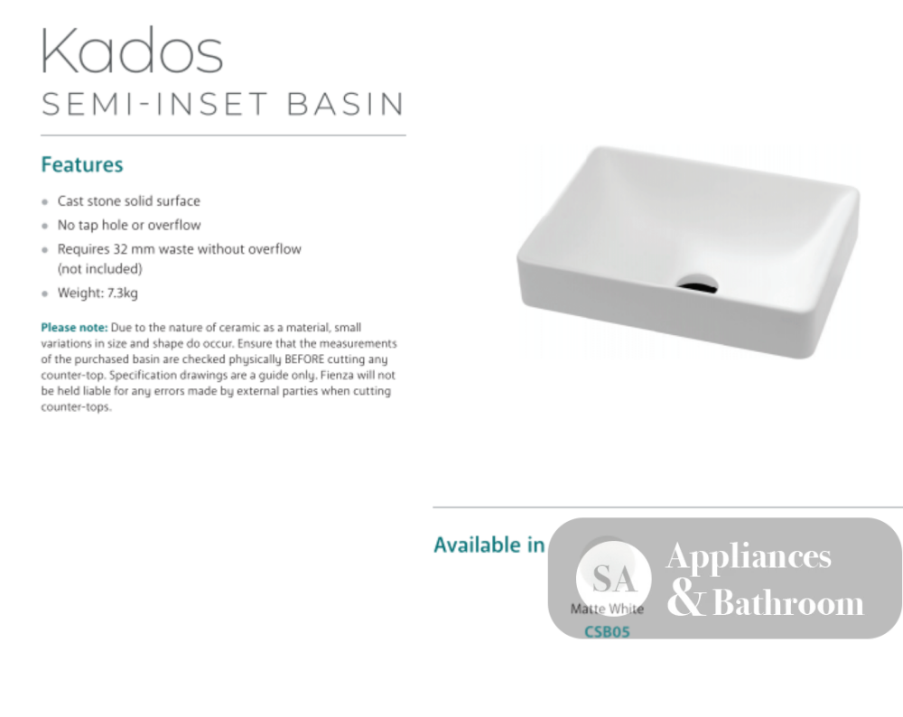 Fienza CSB05 Kados Semi Inset Cast Stone Basin White - Basins