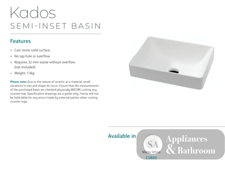 Fienza CSB05 Kados Semi Inset Cast Stone Basin White - Basins